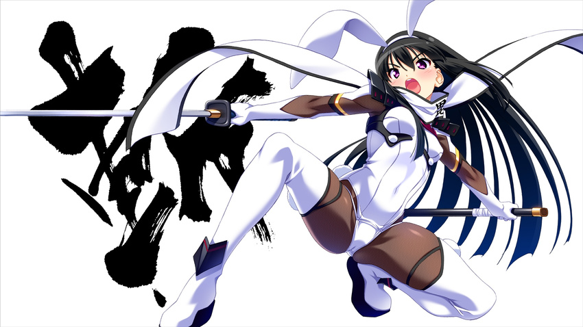 :o angry animal_ears armor ayanokouji_aoi bangs black_hair blush bodysuit boots breasts bunny_ears bunny_tail cameltoe clothes_writing covered_navel djibril_althaea elbow_gloves fake_animal_ears fake_tail fighting_stance fishnets floating_hair fur_trim gloves hair_between_eyes hairband highres hime_cut holding katana kuuchuu_yousai long_hair looking_at_viewer looking_away magical_girl makai_tenshi_djibril official_art one-piece_swimsuit one_knee open_mouth outstretched_arms paint pauldrons platform_footwear purple_eyes scarf school_swimsuit sengoku_tenshi_djibril sheath shin_guards sidelocks simple_background small_breasts solo spread_arms spread_legs swimsuit swimsuit_costume sword tail thigh_boots thighhighs translation_request unsheathed v-shaped_eyebrows very_long_hair weapon white_background white_footwear white_gloves white_legwear white_school_swimsuit white_swimsuit