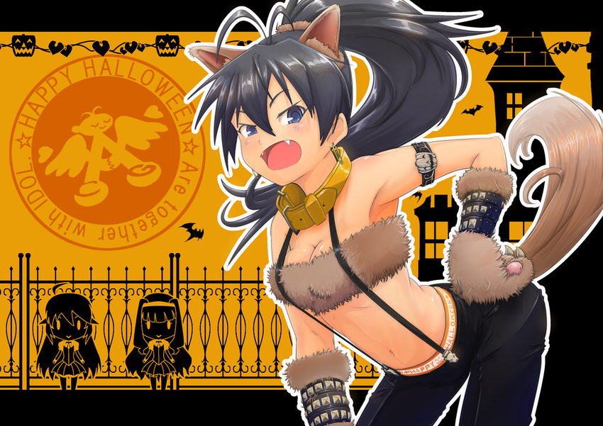 animal_ears black_hair blue_eyes breasts fangs ganaha_hibiki halloween happy_halloween idolmaster idolmaster_(classic) medium_breasts murakumo1987 werewolf