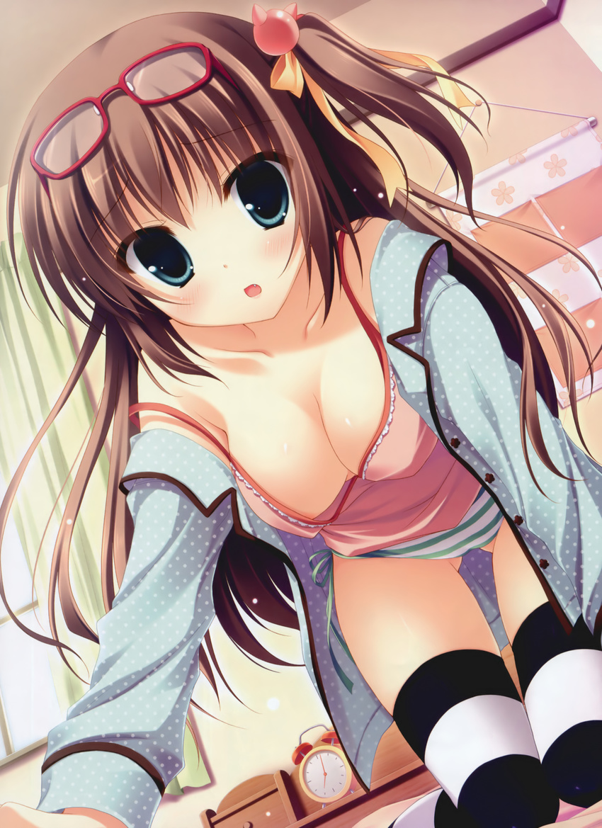 absurdres all_fours bare_shoulders bed bedroom blue_eyes blush breasts brown_hair camisole cleavage dengeki_moeou downblouse eyewear_on_head fang from_below glasses hair_bobbles hair_ornament hair_ribbon highres indoors large_breasts lingerie long_hair looking_at_viewer one_side_up open_clothes open_mouth original panties ribbon side-tie_panties skindentation solo strap_slip striped striped_legwear striped_panties thigh_gap thighhighs underwear yukie_(peach_candy)