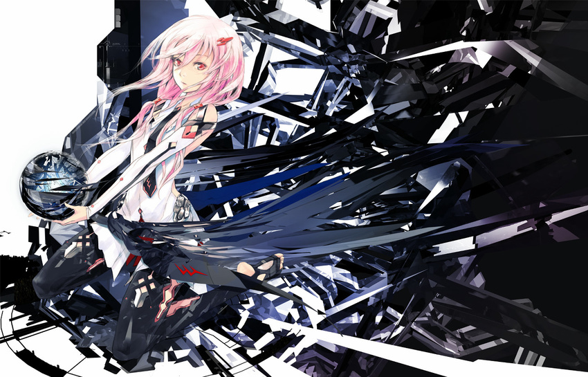 bare_shoulders barefoot detached_sleeves dress guilty_crown hair_ornament hairclip long_hair necktie pink_eyes pink_hair redjuice solo sphere thighhighs toeless_legwear yuzuriha_inori zettai_ryouiki