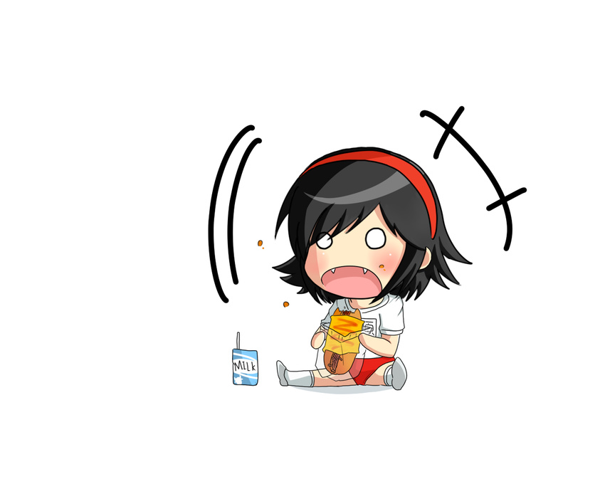 :o black_hair blush bread buruma chibi eating fangs food gym_uniform hair_ornament hairband kami_nomi_zo_shiru_sekai l13 milk_carton o_o omelet open_mouth outstretched_leg sandwich short_hair simple_background sitting solo takahara_ayumi white_background white_legwear yakisobapan