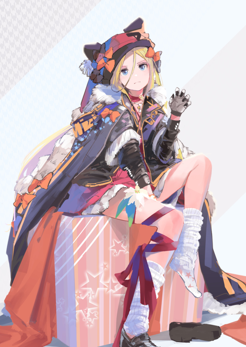 1girl abigail_williams_(fate/grand_order) alternate_costume bangs black_bow black_cape black_footwear black_jacket blonde_hair blue_eyes bow box cape closed_mouth dress fate/grand_order fate_(series) flower full_body fur_trim gift gift_box gloves hair_between_breasts hair_between_eyes hair_bow hand_up hat heart heart_necklace highres hood hood_down hoodie jacket jewelry kiriyama leg_ribbon leg_warmers loafers long_hair long_sleeves looking_at_viewer necklace orange_bow parted_bangs red_dress red_ribbon ribbon shoes sitting socks solo star white_flower white_gloves white_legwear