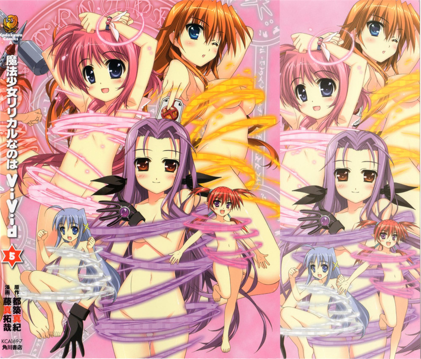 agito_(nanoha) annotated asclepius black_gloves black_ribbon blue_eyes blue_hair blush bracelet breasts card caro_ru_lushe censored convenient_censoring cover cover_page cross_mirage flat_chest fujima_takuya gloves graf_eisen hair_ribbon hammer highres jewelry kerykeion large_breasts long_hair lutecia_alpine lyrical_nanoha magic_circle mahou_shoujo_lyrical_nanoha_vivid multiple_girls nude official_art one_eye_closed open_mouth orange_hair pink_hair pointy_ears ponytail purple_eyes purple_hair quad_tails red_eyes red_hair reinforce_zwei ribbon scan smile teana_lanster zoom_layer