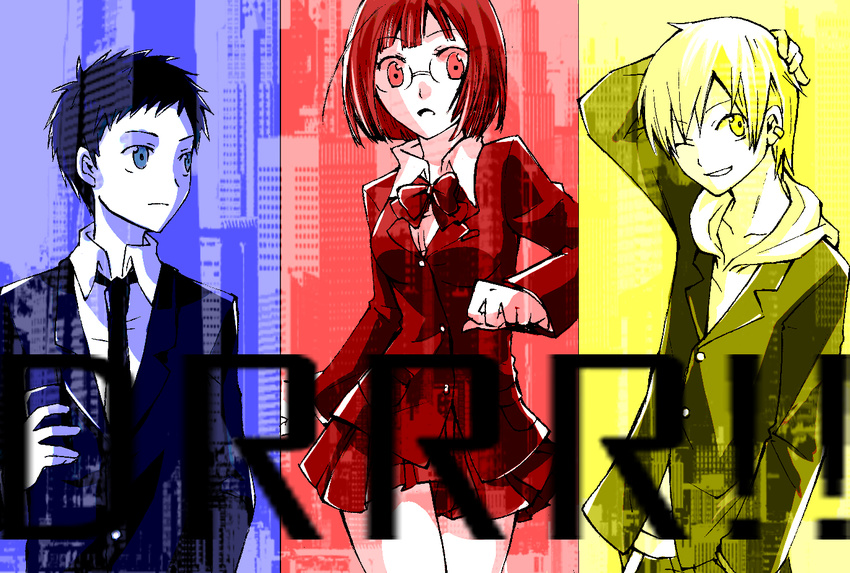 2boys bad_id bad_pixiv_id black_hair blonde_hair blue_eyes bob_cut breasts building city column_lineup durarara!! glasses kida_masaomi medium_breasts multiple_boys multiple_monochrome pleated_skirt red_eyes ryuugamine_mikado school_uniform sencha_(coldcolor) short_hair skirt skyscraper sonohara_anri yellow_eyes