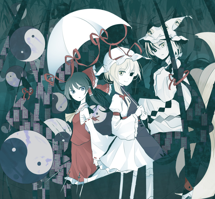 black_hair blonde_hair blue_eyes bow detached_sleeves gap hair_bow hakurei_reimu hat kazeharu long_hair multiple_girls ofuda short_hair touhou umbrella yakumo_ran yakumo_yukari yellow_eyes yin_yang