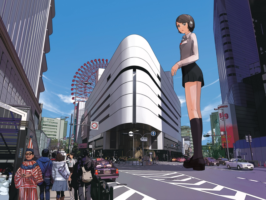 3girls album_cover black_legwear brown_hair car city cover ferris_wheel giantess grey_eyes ground_vehicle guitar_(guitars) headphones motor_vehicle multiple_boys multiple_girls original osaka_(city) real_world_location road short_hair socks street vanishing_point