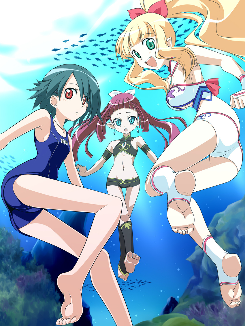 aqua_hair armband ass asymmetrical_hair barefoot bikini blonde_hair blue_eyes breasts bridal_gauntlets choker cleavage_cutout earrings error feet fish flat_chest green_eyes hair_ribbon highres jewelry kneehighs legs long_hair looking_back lowleg lowleg_bikini marin_(umi_monogatari) medium_breasts miyamori_kanon multiple_girls one-piece_swimsuit open_mouth pointy_ears ponytail purple_hair red_eyes ribbon santoo_takeshi school_swimsuit short_hair small_breasts socks soles swimsuit thigh_gap toeless_legwear twintails umi_monogatari underboob underwater urin_(umi_monogatari) water