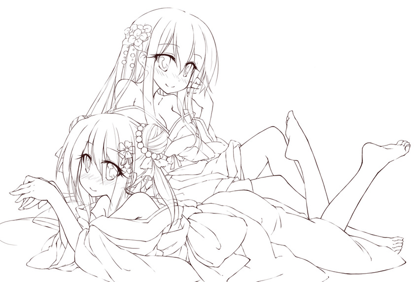 adjusting_hair bare_shoulders barefoot blush breasts cleavage copyright_request feet flower greyscale hair_flower hair_ornament japanese_clothes kimono long_hair looking_at_viewer lying medium_breasts monochrome multiple_girls off_shoulder on_stomach sitting smile yukitarou_(awamori)
