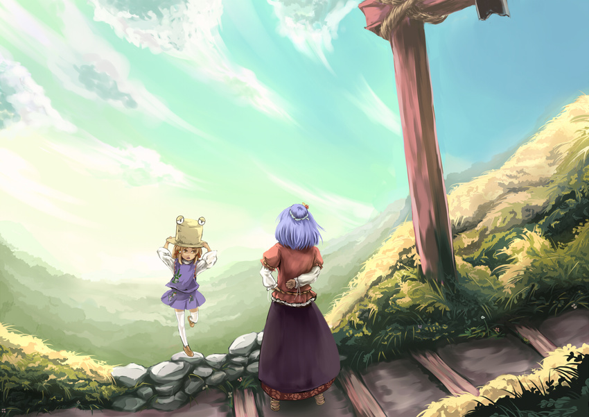 arm_behind_back blonde_hair cloud day eyes hand_on_headwear hat kouzilow moriya_suwako morning multiple_girls purple_hair pyonta scenery short_hair sky stairs standing standing_on_one_leg sunlight thighhighs torii touhou yasaka_kanako