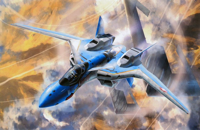 aircraft airplane canards cloud cockpit condensation_trail flying helmet highres jet macross macross_plus mecha no_humans non-web_source official_art pilot_suit realistic sb-10/10_starwing scan science_fiction spacesuit tenjin_hidetaka u.n._spacy variable_fighter yf-19