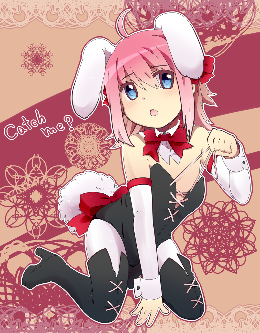 ahoge animal_ears blue_eyes boots bulge bunny_ears bunny_tail collar cuff_links highres pink_hair ribbon tail trap