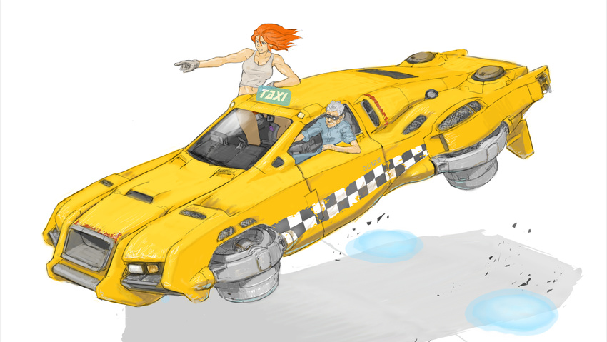 1girl age_difference car cyberpunk flying_car gloves goggles grey_hair ground_vehicle highres left-hand_drive midriff motor_vehicle muscle navel old orange_hair original pointing science_fiction see-through shirt shoboyuski simple_background sleeveless sleeveless_shirt taxi through_window white_hair