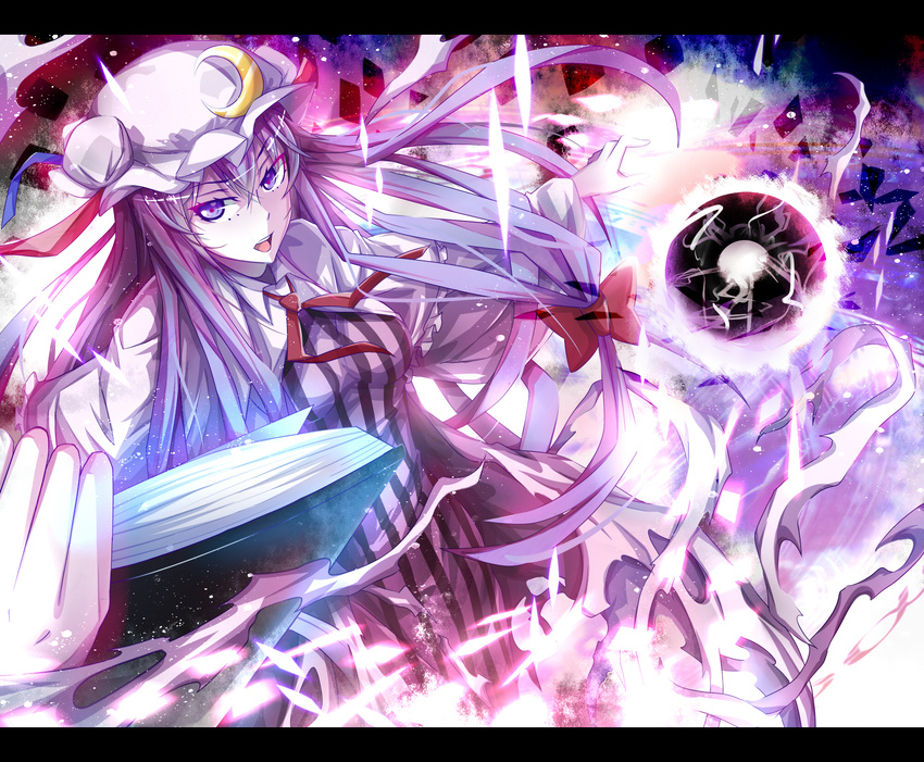 bad_id bad_pixiv_id book crescent hat highres open_mouth patchouli_knowledge purple_eyes purple_hair solo touhou zeroshiki_kouichi