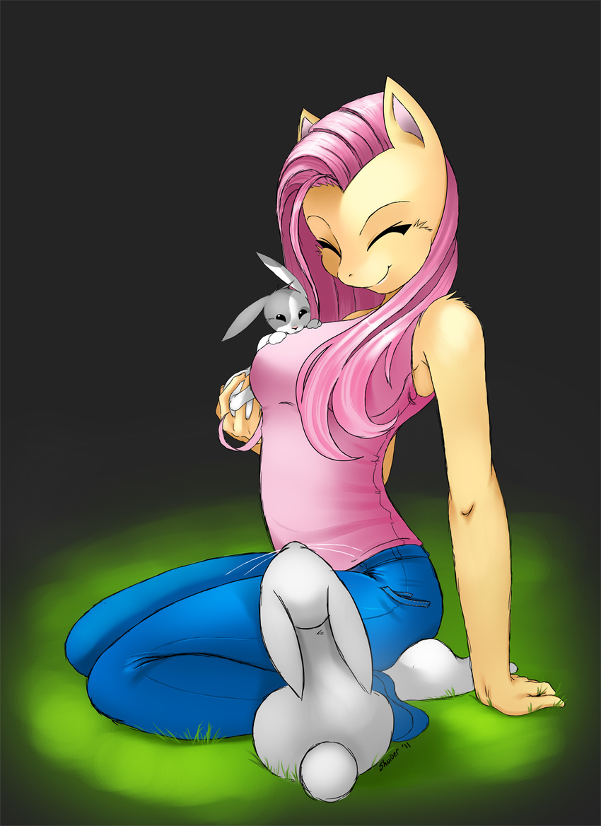 ambiguous_gender anthro black_background cute equine eyes_closed female feral fluttershy_(mlp) friendship_is_magic grass hair horse jeans lagomorph mammal multi-colored_body multicolored_body my_little_pony pink_hair plain_background pony rabbit shnider smile socks teeth yellow_body