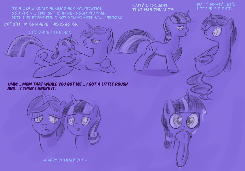 animal_ears crescent_(mlp) cresent_(mlp) cum cum_on_face cutie_mark dialog dialogue dildo english_text equine female feral friendship_is_magic horn horse male mammal my_little_pony orgasm pony purple_background sex_toy star_sparkle_(mlp) tail text twilight_sparkle_(mlp) twilight_velvet_(mlp) unicorn unknown_artist