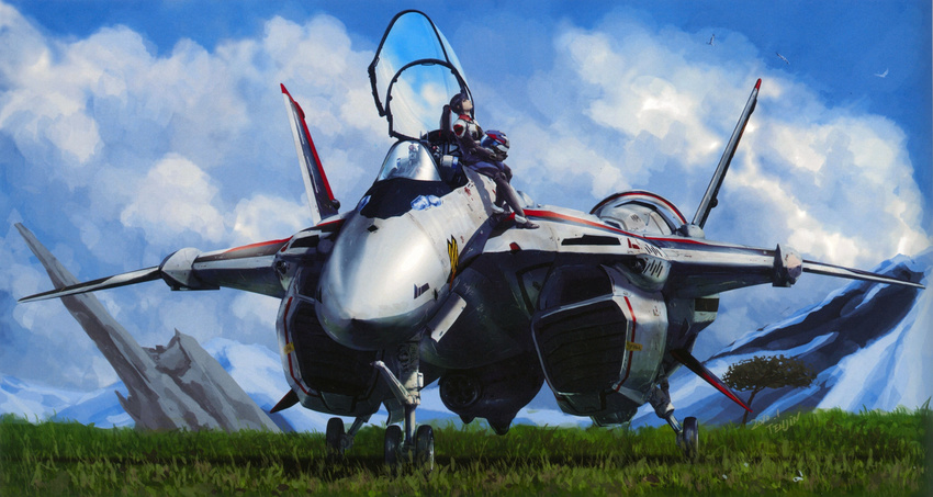 absurdres aircraft airplane armor black_hair cloud ex-gear gloves grass helmet highres jet macross macross_frontier mecha mountain non-web_source official_art pilot_suit ponytail power_armor power_suit rock s.m.s. saotome_alto scan science_fiction spacesuit tenjin_hidetaka tree variable_fighter vf-25