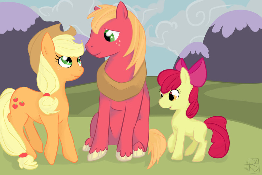 apple apple_bloom_(mlp) applebloom_(mlp) applejack_(mlp) big_macintosh_(mlp) blonde_hair bow brother cub cutie_mark equine female feral friendship_is_magic fruit green_eyes green_eyesamber_eyes group hair hills hooves horse lunadarkridge11 mammal my_little_pony orange_body orange_eyes orange_hair outside pony red_body red_hair sibling siblings sisters smile snow_caps tail yellow_body yoke young