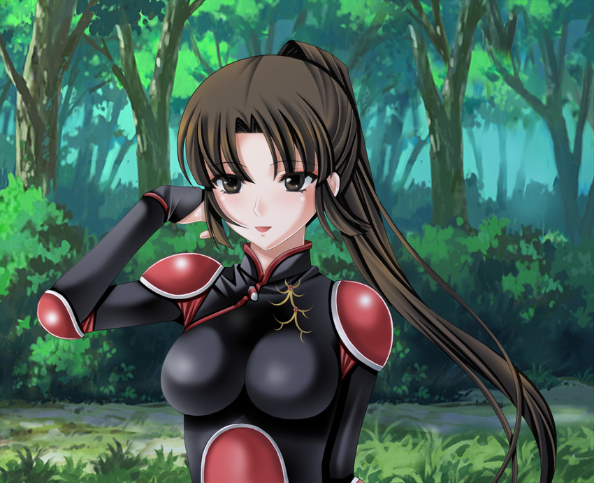 bad_id bad_pixiv_id breasts brown_eyes brown_hair forest highres inuyasha long_hair medium_breasts nature ponytail sango solo tamamon tree