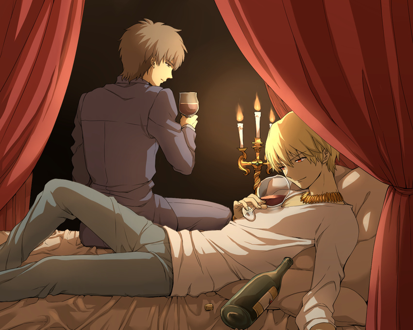 alcohol bad_id bad_pixiv_id blonde_hair bottle bracelet brown_eyes brown_hair candle casual cross cup drinking_glass fate/zero fate_(series) from_behind gilgamesh highres jewelry kotomine_kirei kudou_akira male_focus multiple_boys necklace red_eyes wine wine_glass