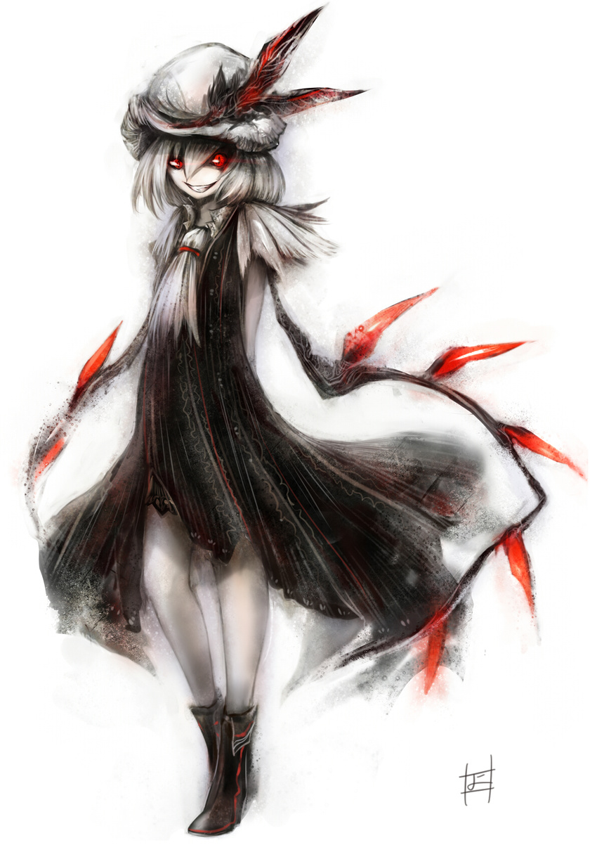 akaitera albino alternate_costume arms_behind_back ascot bad_id bad_pixiv_id banned_artist boots crazy_eyes dark_persona dress evil_grin evil_smile flandre_scarlet full_body grin hat highres looking_at_viewer pale_skin red_eyes revision short_hair simple_background smile solo touhou wings