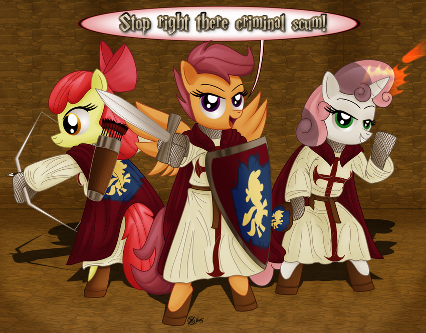 applebloom_(mlp) armor arrow bow bow_(weapon) cutie_mark_crusaders_(mlp) dcencia dialog dialogue equine female friendship_is_magic horn horse knight looking_at_viewer mammal my_little_pony pegasus pony pose ranged_weapon scootaloo_(mlp) shield sweetie_belle_(mlp) sword text unicorn warrior weapon wings