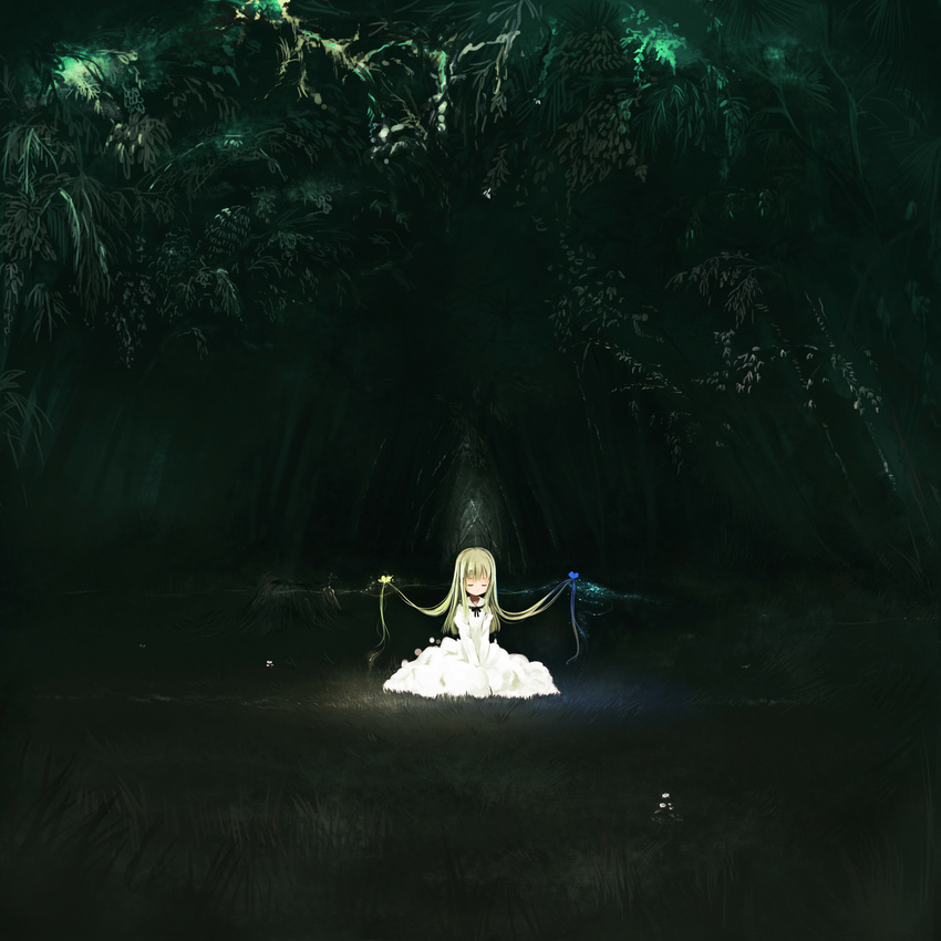 abe_kanari blonde_hair bug butterfly closed_eyes dark dress forest glowing grass highres insect long_hair nature on_ground original sitting solo v_arms white_dress