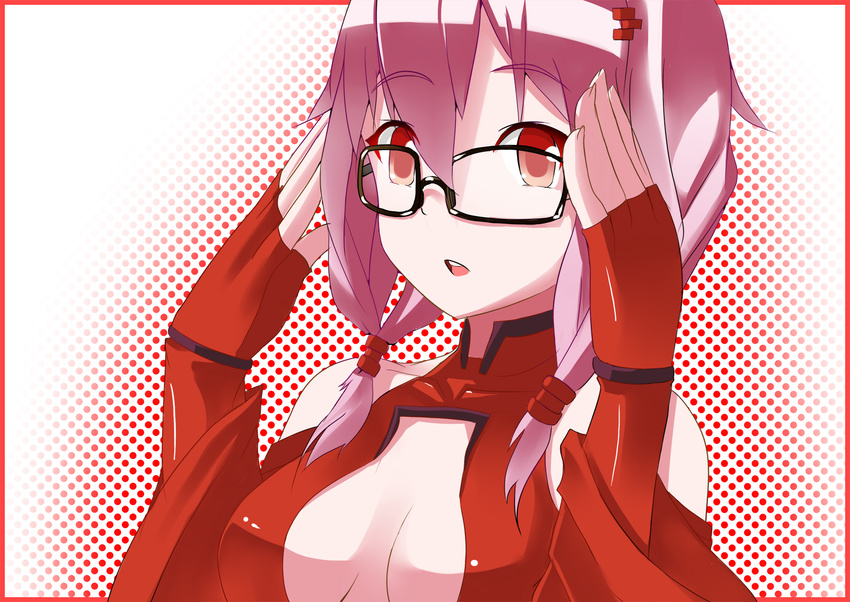 bare_shoulders bespectacled breasts center_opening cleavage fingerless_gloves glasses gloves guilty_crown hair_ornament hairclip highres long_hair medium_breasts onikiri open_mouth pink_hair red_eyes solo yuzuriha_inori