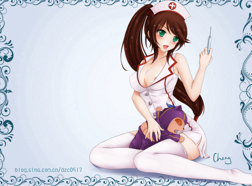 absurdres akali areola_slip areolae breasts brown_hair cheng cleavage covered_nipples cross green_eyes hat high_ponytail highres jpeg_artifacts kennen league_of_legends long_hair nurse nurse_akali nurse_cap ponytail small_breasts syringe thighhighs watermark web_address zettai_ryouiki