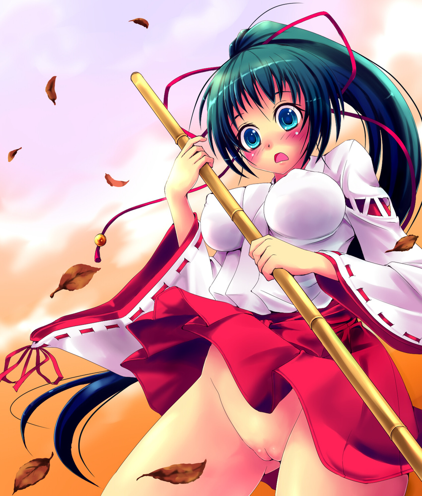 aqua_eyes bad_id bad_pixiv_id blush bottomless broom fat_mons green_hair hair_ribbon highres japanese_clothes leaf long_hair miko no_panties open_mouth original ponytail pussy ribbon skirt solo uncensored wind wind_lift x.x