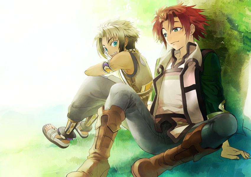 armlet blonde_hair blue_eyes boots bun-o caesar_silverberg coat full_body gensou_suikoden gensou_suikoden_iii green_eyes hugo_(suikoden_iii) multiple_boys pants red_hair sitting smile