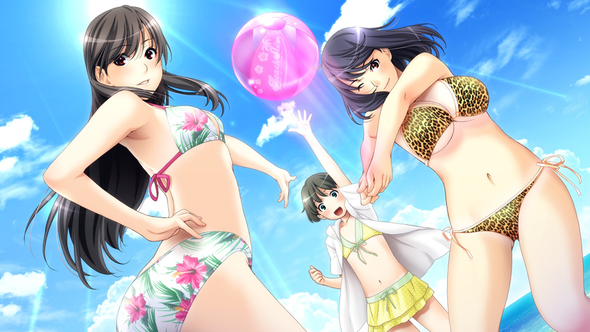 ball bikini breasts cloud clouds highres ino kayano_chika large_breasts long_hair navel short_hair sister_scheme_2 sky sunlight swimsuit water wink yanagawa_amane yanagawa_misaki yanagawa_shiori