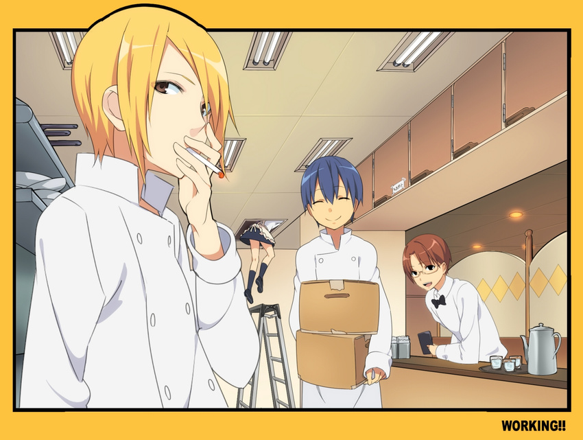 3boys ^_^ apron attic bad_id bad_pixiv_id black_bow black_footwear black_legwear black_neckwear black_skirt blonde_hair blue_hair border bow bowtie box brown_eyes brown_hair cardboard_box carrying ceiling ceiling_light chef chef_uniform cigarette climbing closed_eyes collared_shirt copyright_name cup double-breasted facing_viewer fluorescent_lamp glasses hair_over_one_eye hand_on_own_face hand_to_own_mouth holding indoors kettle kitchen kneehighs ladder leaning_forward long_sleeves miniskirt multiple_boys outside_border plate sama satou_jun shirt shoes sideways_glance skirt sleeves_past_wrists smile smoking souma_hiroomi stacking takanashi_souta tray waist_apron waiter white_shirt working!! yamada_aoi