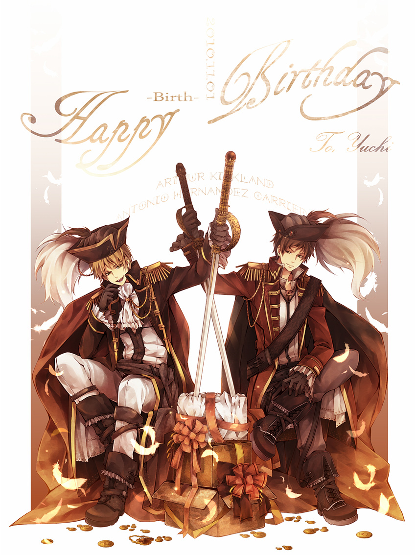 2boys axis_powers_hetalia black_hair iriasu male present short_hair sitting smile spain sword united_kingdom weapon