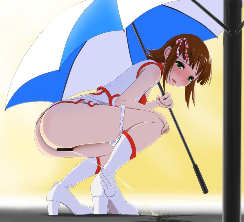 accident amami_haruka brown_hair censored desperation embarrassed golden_showers green_eyes humiliation idolmaster idolmaster_2 looking_at_viewer panties_aside pantsu panty_lift panty_pull posterior_cleavage pubic_hair race_queen racequeen short_hair shy sitting_pee skirt skirt_lift squat umbrella urine urine_leak urine_stream vagina watersports when_you_see_it white_panties