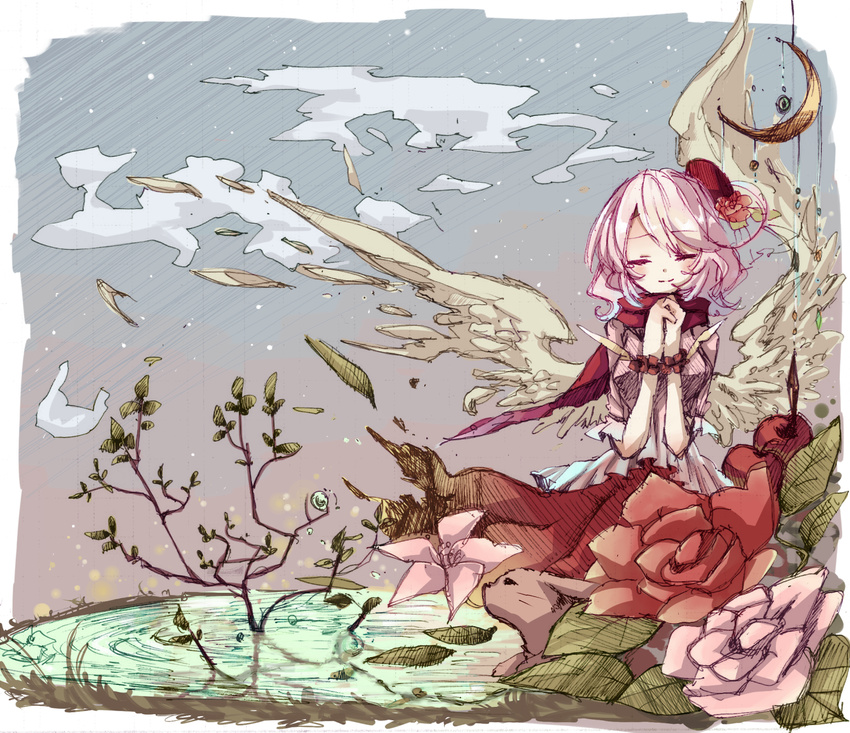 angel_wings blush cape cloud flower hair_flower hair_ornament hands_clasped hat highres original own_hands_together pink_flower pink_hair pink_rose pond red_flower red_rose ribbon rose shirt skirt sky smile solo wings wrist_ribbon yuya_(night_lily)