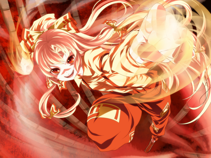 :d bamboo bamboo_forest bow burning_hand dress_shirt fire flame forest fujiwara_no_mokou grin hair_bow hair_ribbon jumping nature ofuda open_mouth pants perspective red_eyes ribbon shirt silver_hair smile solo suspenders toron_(mino106) touhou v-shaped_eyebrows