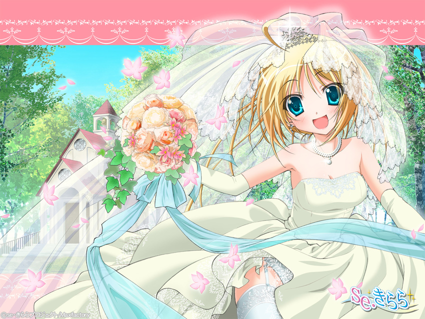 :d ahoge aqua_eyes bare_shoulders blonde blush bouquet church cleavage earrings elbow_gloves flower garter_belt gloves kagura_aya necklace open_mouth outdoors panchira pantsu ribbon se.kirara solo stockings thighhighs tiara veil wallpaper wedding_dress