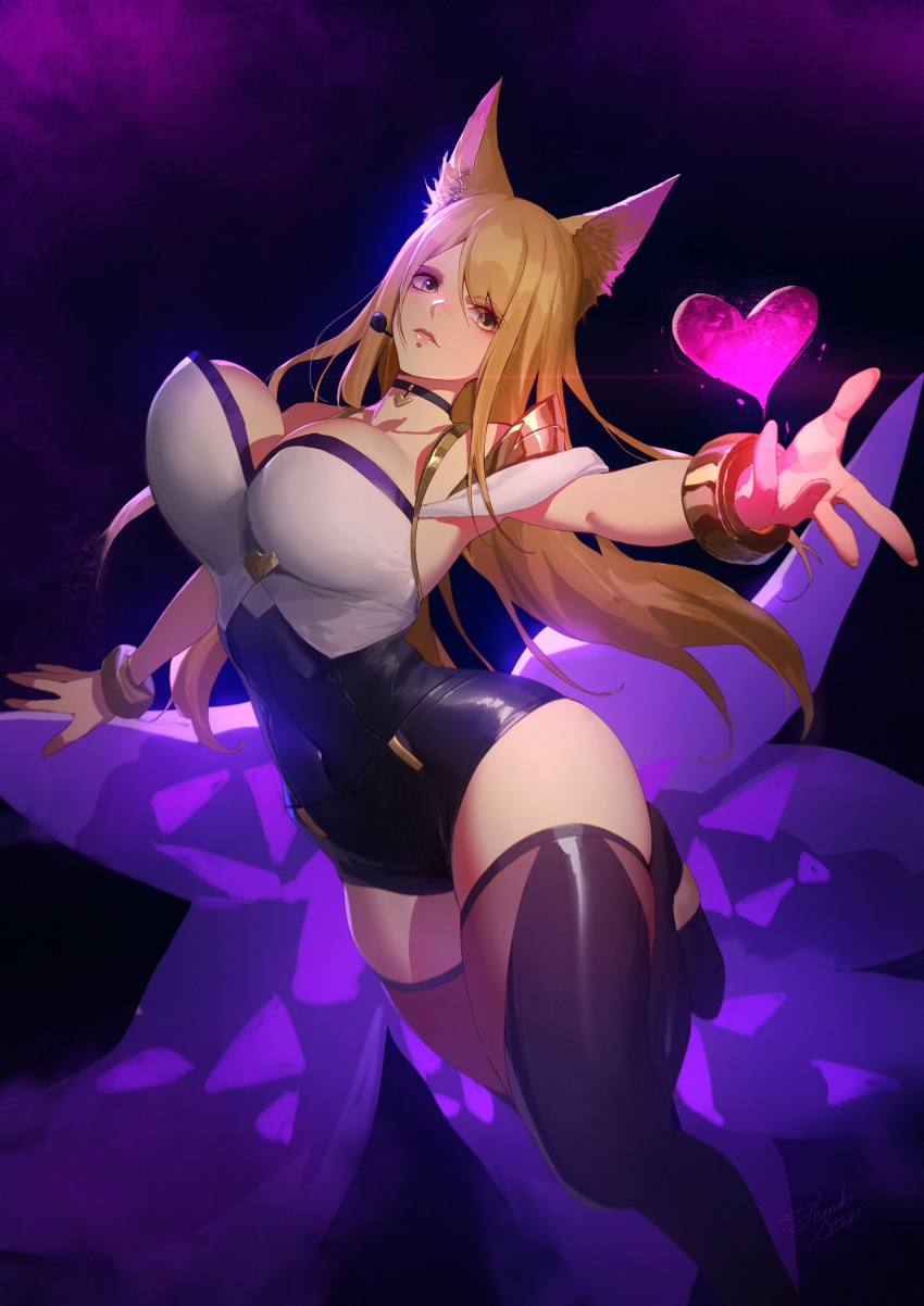 1girl absurdres ahri animal_ear_fluff animal_ears black_legwear blonde_hair bracelet breasts choker daye_bie_qia_lian fox_ears fox_tail gradient gradient_background heart highres idol jewelry k/da_(league_of_legends) k/da_ahri large_breasts league_of_legends long_hair looking_at_viewer microphone multiple_tails outstretched_arm parted_lips solo tail thighhighs yellow_eyes