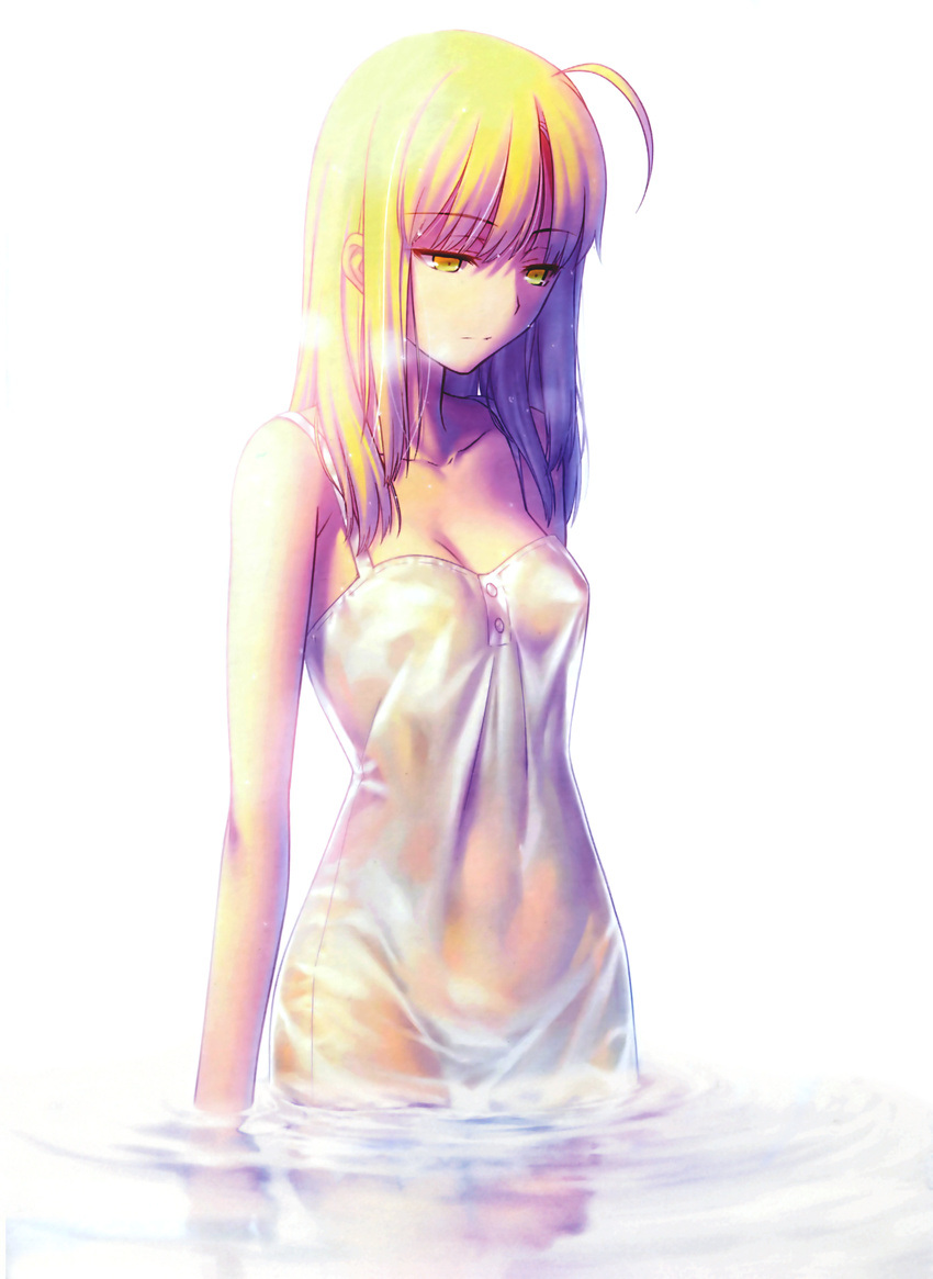 absurdres ahoge blonde cleavage dress fate/stay_night green_eyes hair_down high_res long_hair oppai saber saber_alter scan solo takeuchi_takashi transparent_clothing type-moon wading wet wet_clothes white_background yellow_eyes