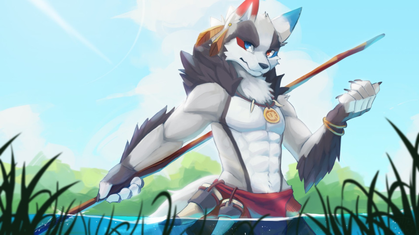 2018 5_fingers abs anthro biped black_fur canid canine canis clothing detailed_background digital_media_(artwork) fluffy fur grass grey_fur half-length_portrait heterochromia hi_res jewelry kinniro loincloth looking_at_viewer male mammal mokarakom multicolored_fur muscular muscular_male necklace partially_submerged pecs portrait simple_background solo tribal water weapon white_fur wolf