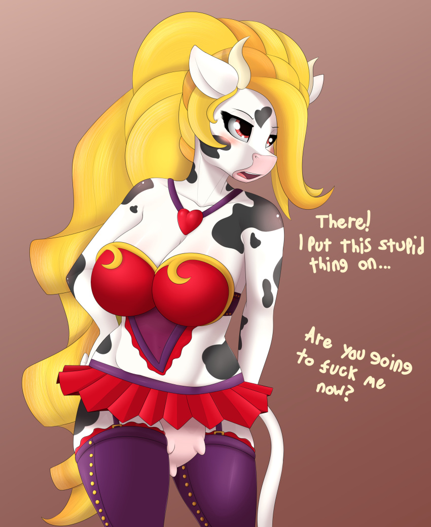 anthro big_breasts blush booponies bovid bovine bra breasts cattle cleavage clothed clothing female jewelry league_of_legends legwear lingerie mammal necklace riot_games skirt standing stockings text underwear video_games