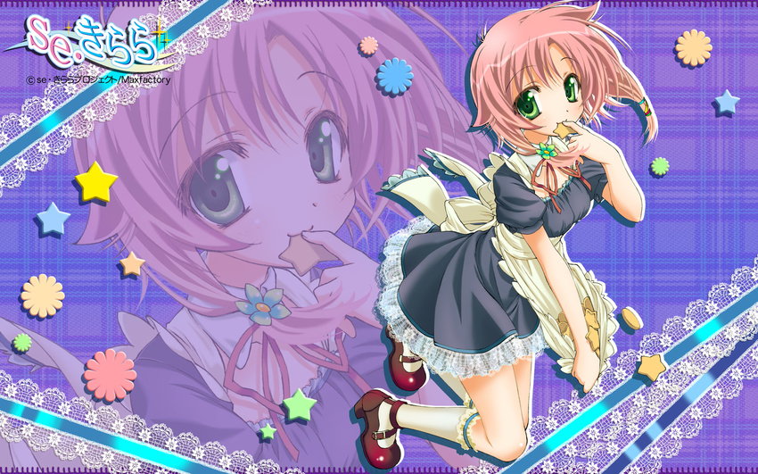 apron blush cookie eating food green_eyes kawamura_yuu kneehighs mary_janes pink_hair se.kirara short_hair solo zoom_layer