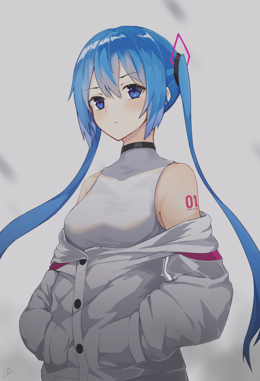 1girl alternate_costume bangs bare_shoulders blue_eyes blue_hair blush breasts closed_mouth coat eyebrows_visible_through_hair grey_background grey_coat hands_in_pockets hatsune_miku highres long_hair long_sleeves looking_at_viewer medium_breasts number_tattoo off_shoulder open_clothes open_coat osanzi partially_unbuttoned serious shirt shoulder_tattoo signature simple_background solo tattoo twintails upper_body v-shaped_eyebrows very_long_hair vocaloid white_shirt
