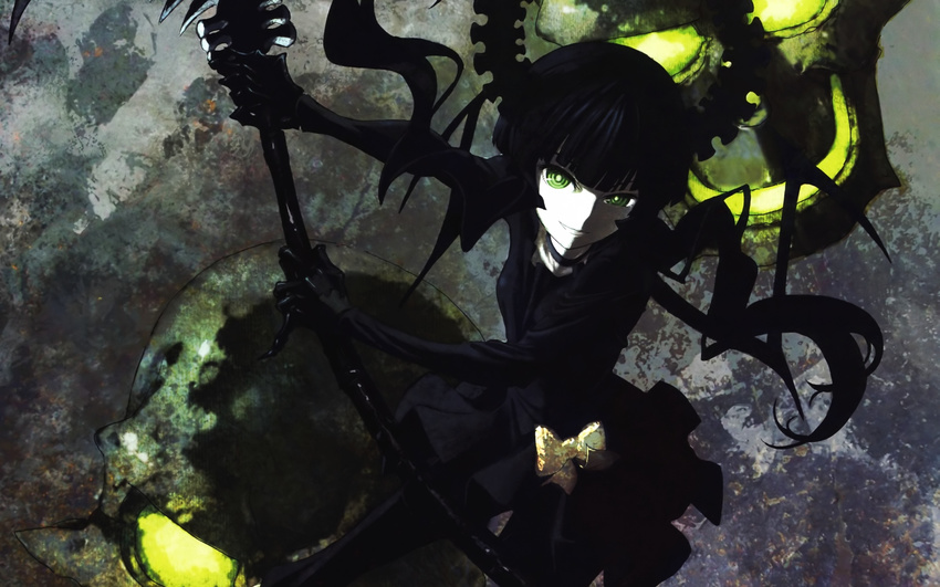 black_hair black_rock_shooter dead_master green_eyes horns huke official_art skull smile solo weapon