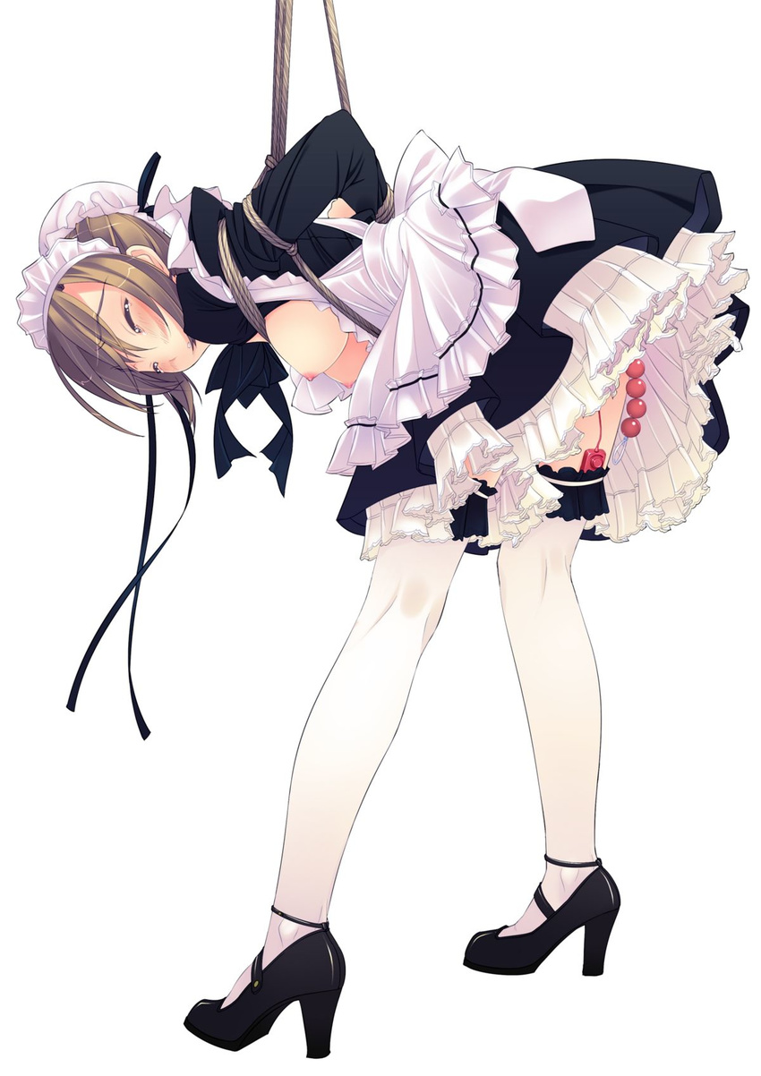 apron bdsm bent_over blush bondage bound breasts breasts_outside brown_hair bun_cover eyes_closed f-ism fism frills garter garters hair_bun hanging_breasts high_heels high_res highres looking_at_viewer maid maid_apron maid_headdress murakami_suigun nipples oppai original restrained ribbon rope ruffles shoes simple_background skirt solo standing tears thighhighs vibrator vibrator_in_thighhighs white_background white_legwear