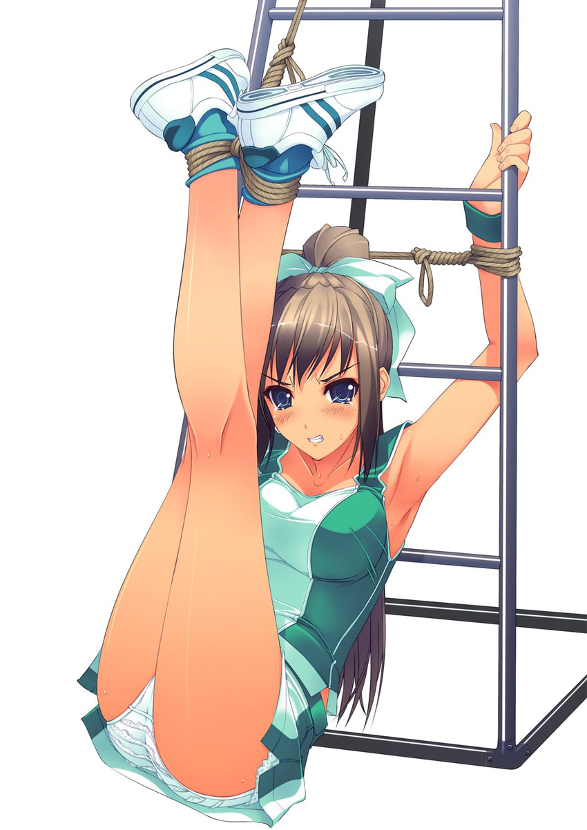 angry bare_legs bdsm blue_eyes blush bondage bound_arms bow brown_hair clenched_teeth fism frustrated hair_bow high_res ladder legs_up long_hair murakami_suigun oppai original panchira pantsu shoes simple_background skirt sneakers solo tears waki