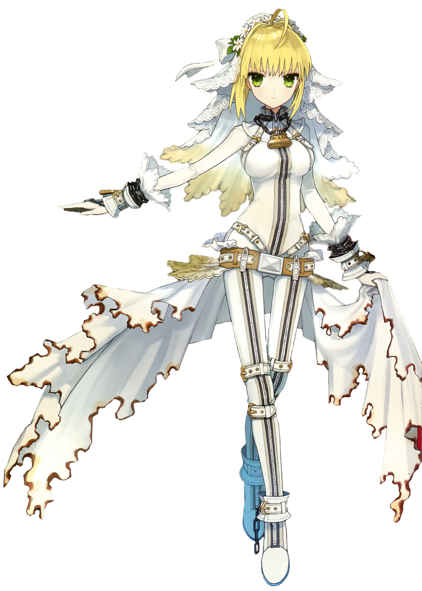 absurdres alternate blonde bodysuit chain costume extraction fate/extra fate/extra_ccc fate/stay_night flower green_eyes lock looking_at_viewer saber saber_bride saber_extra solo toysaucer type-moon veil wada_rco