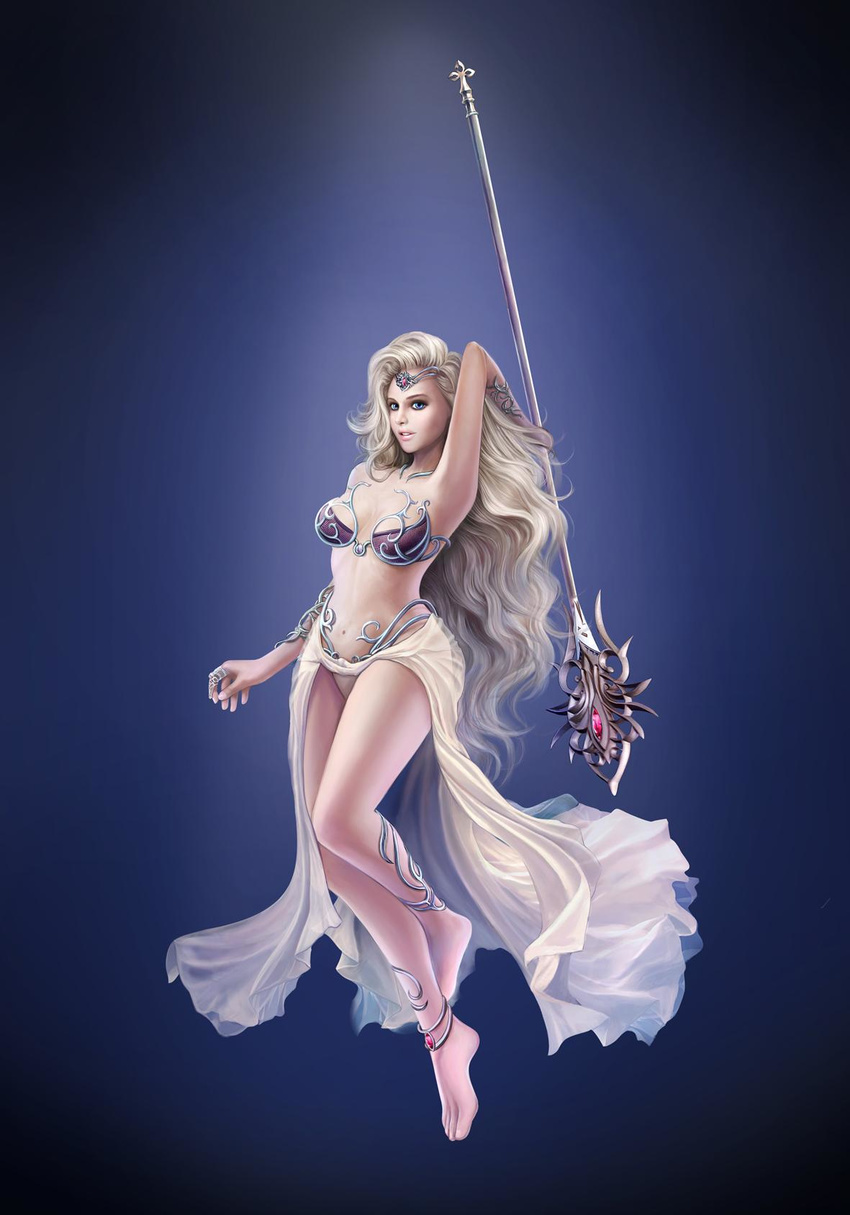 armor blonde blue_eyes cleavage gem immortal_king long_hair midriff navel oppai see_through shitapai solo staff transparent_clothing weapon
