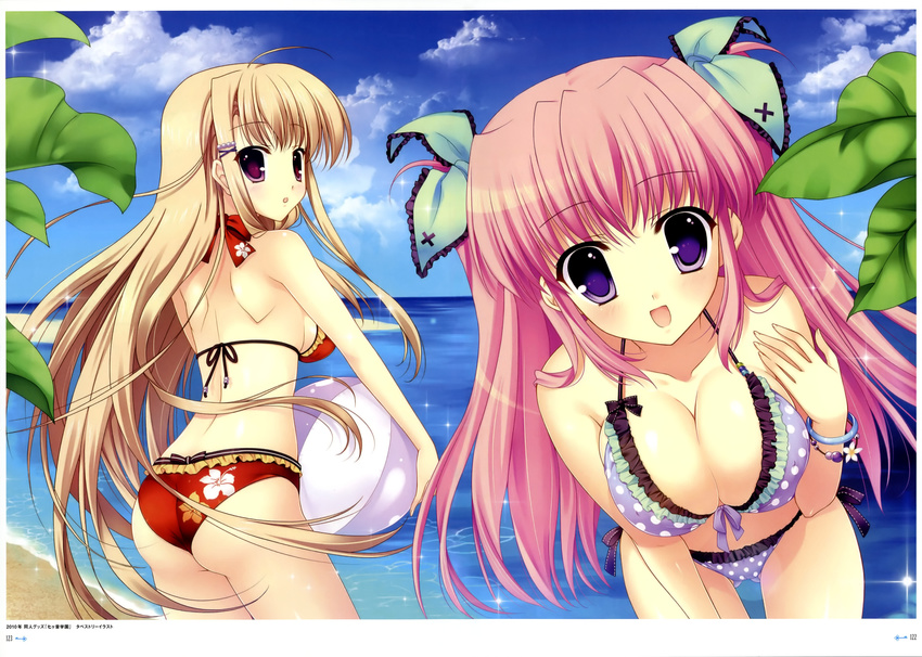 :d absurdres ass ball bangle beach beachball bikini blonde_hair blush bracelet breasts cleavage cloud day frilled_bikini frills front-tie_top highres holding jewelry large_breasts lens_flare long_hair looking_at_viewer looking_back mitha multiple_girls nanagane_educational_institution ocean open_mouth outdoors pink_hair polka_dot polka_dot_bikini polka_dot_swimsuit purple_eyes sakuranomiya_arisa scan shirasagi_otoha sky smile swimsuit translated
