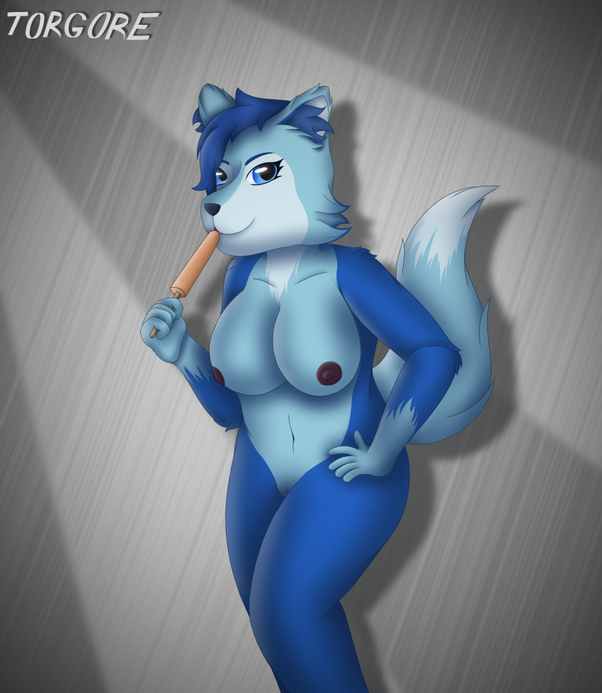axion_(lesquidy) big_breasts blue_eyes blue_fur blue_hair breasts canine digital_media_(artwork) female food fox fur hair hi_res looking_at_viewer mammal nipples nude open_mouth popsicle pussy shoulder_tuft signature simple_background solo tongue torgore wide_hips